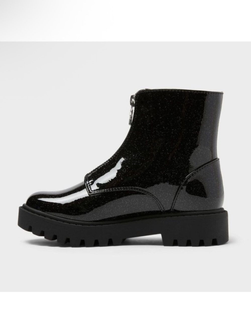 Girls Glitter Black Glossy Zip Front Platform Ankle Boots